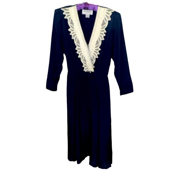 Karin Stevens Vintage Navy Long Sleeve Button Front w/ Lace n Pearl midi Dress 8 - Picture 5 of 11